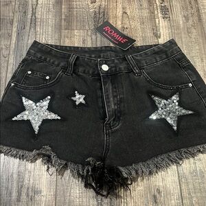ROMWE Black and Silver Jean Shorts with Distressed Details